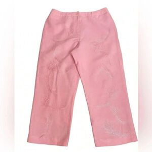 Larry Levine Linen Blend Pink Embroidered Wide Leg Cropped Pants Womens size 8